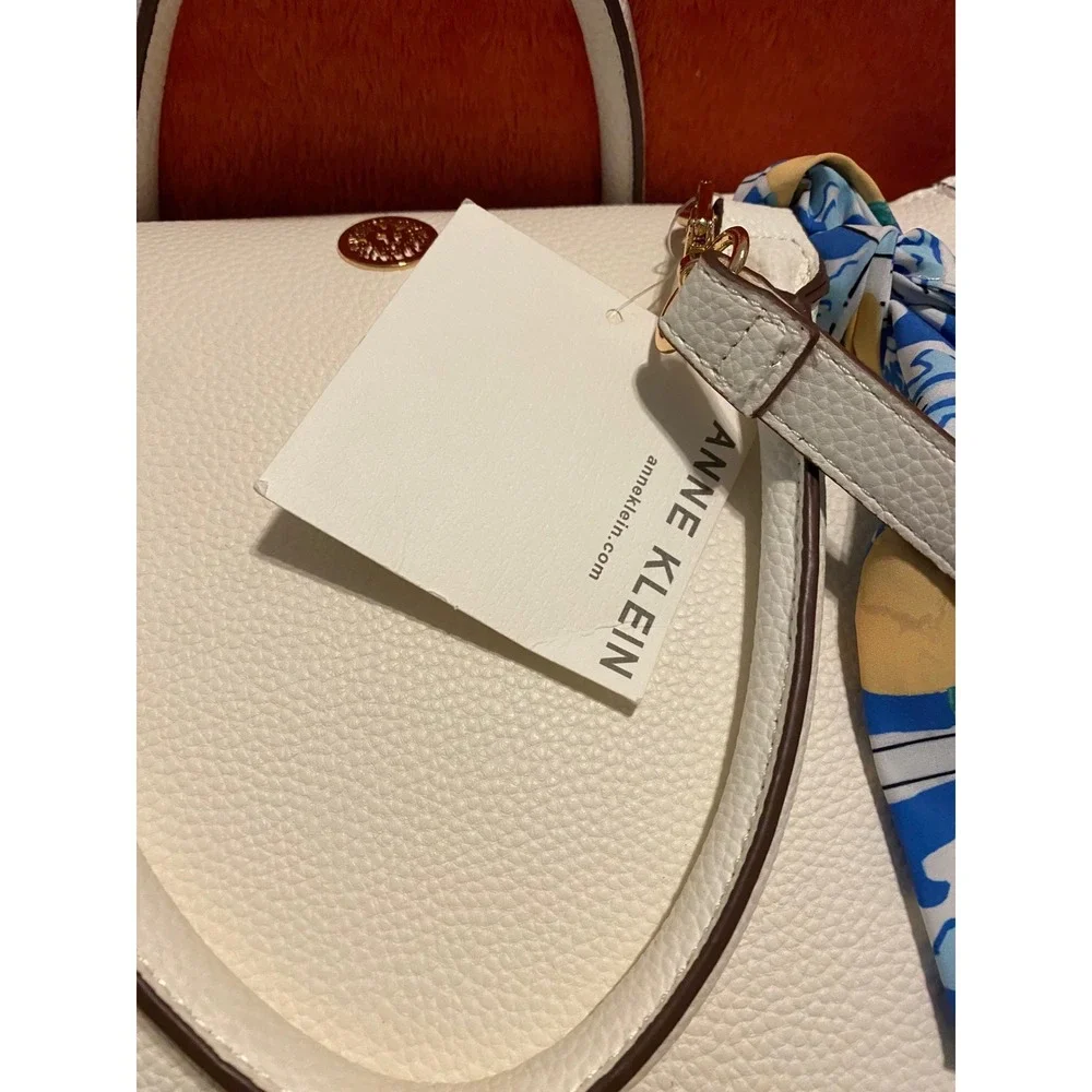 Anne Klein Satchel Purse White Faux Leather‎ Double Handle Crossbody Bag New!